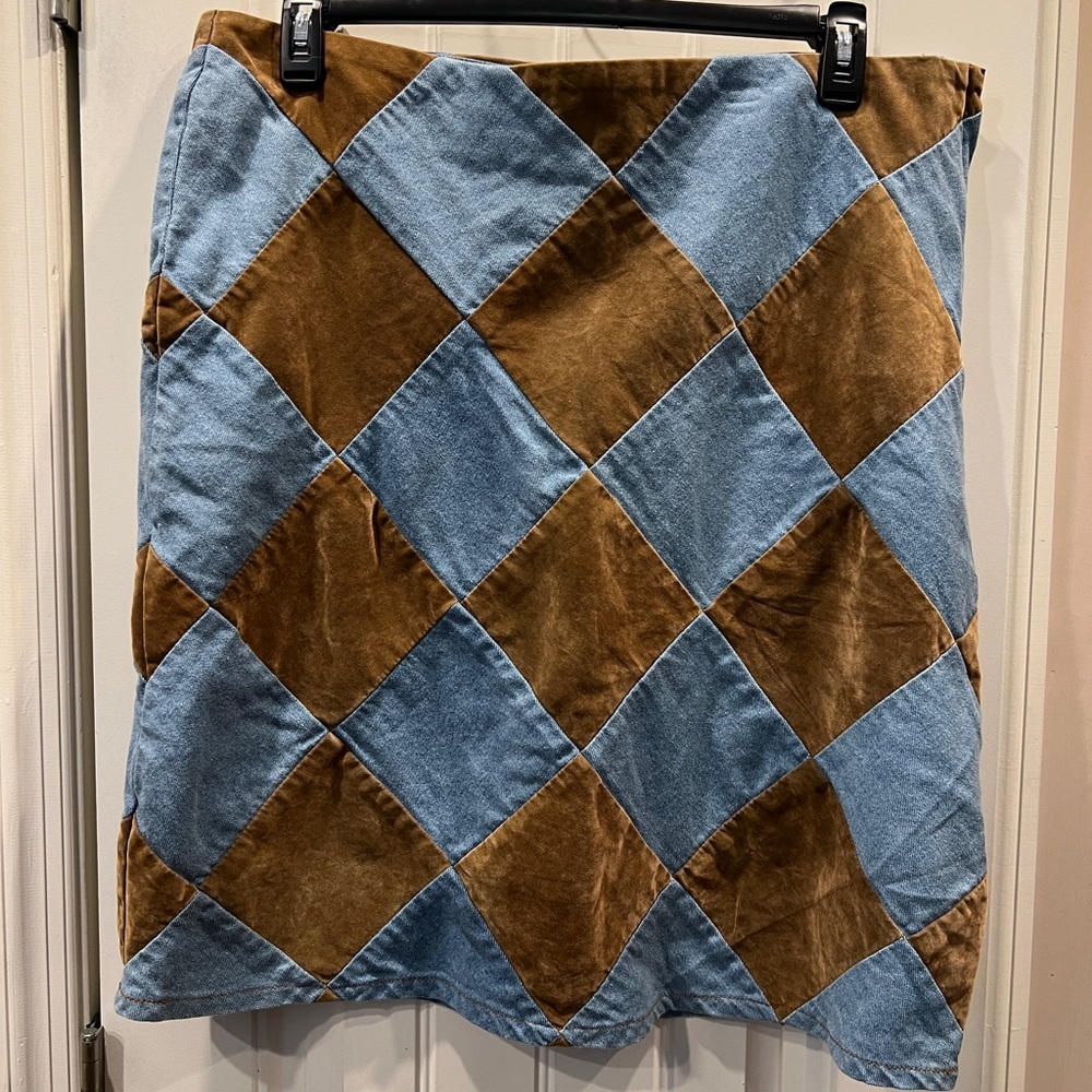 CARAN NEW YORK Checkered Brown & Blue Denim Skirt Sz 18w